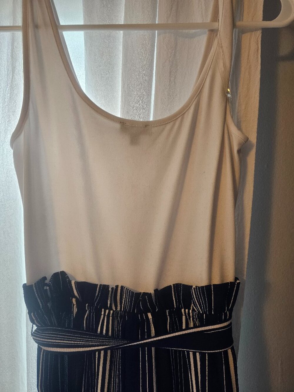 One Piece Cream and Navy Blue Jumper/Romper Tank Top Belted Bottom Size Medium